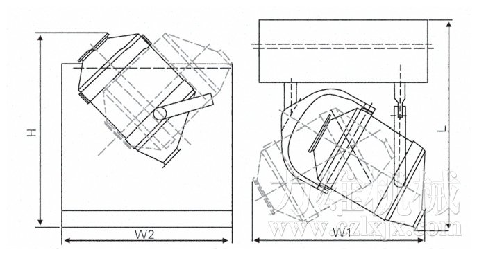 三維運(yùn)動(dòng)混合機(jī)結(jié)構(gòu)示意圖